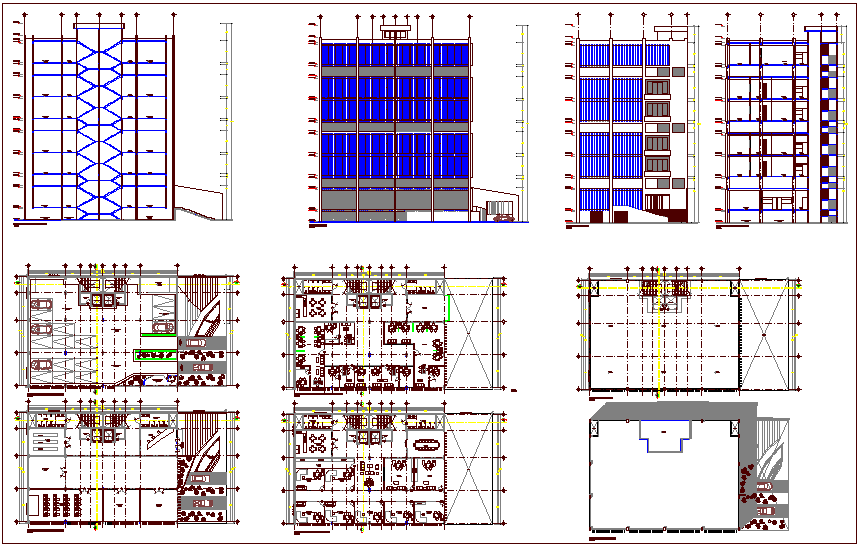 Sectional view and plan of office building dwg file