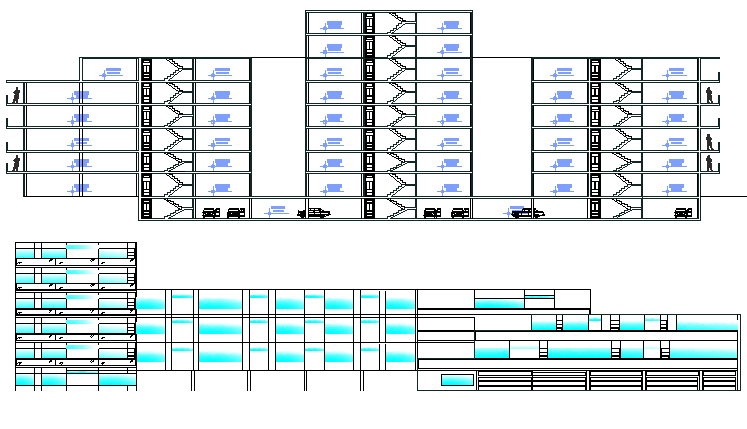 Sectional view of multi-flooring housing apartment dwg file