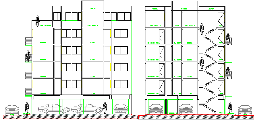 Sectional view of multi-flooring housing apartment dwg file