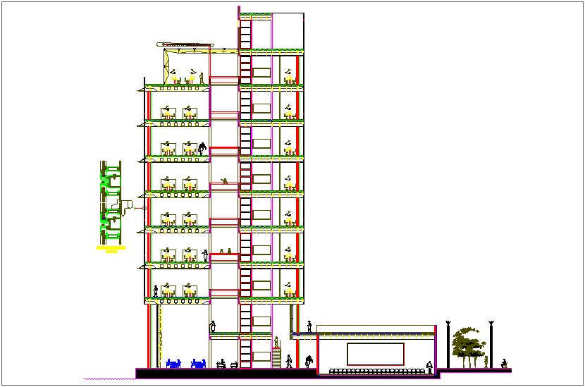 Sectional view of office building with floor level dwg file