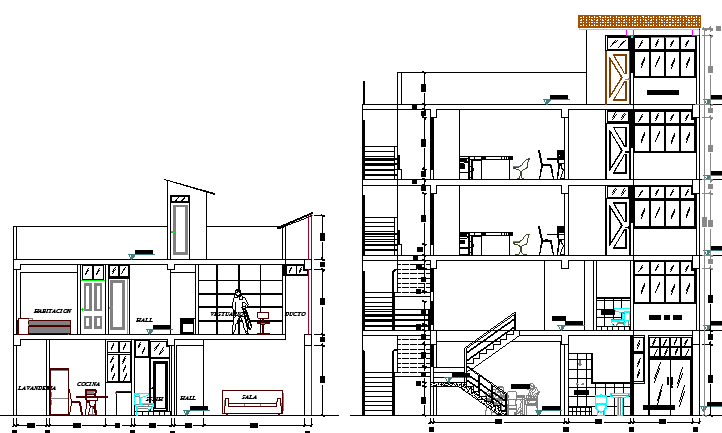 Sectional view of single family house design dwg file