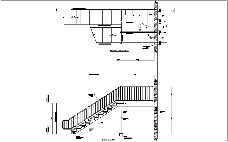 Sectional view of stair case construction view dwg file