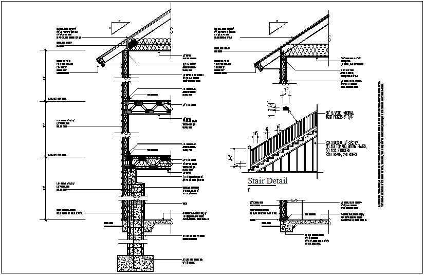 Sectional view of wall and truss with stair view dwg file