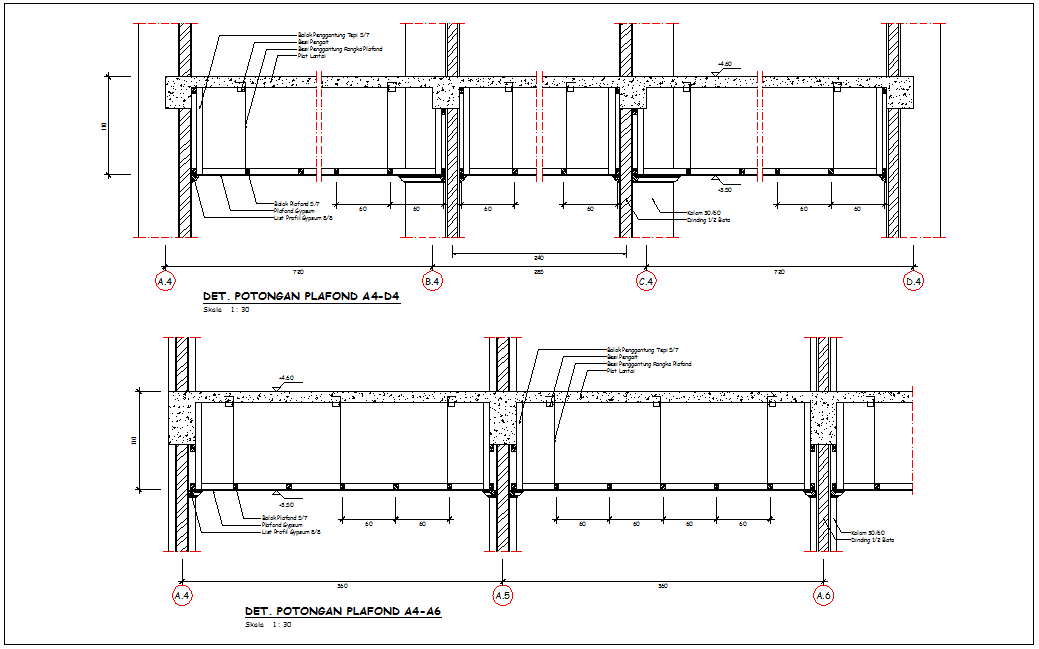 Sectional view with ceiling and construction view for corporate building dwg file