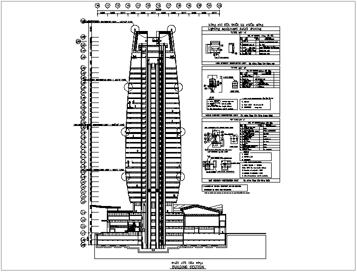 Sectional view with high density electric light view of building dwg file