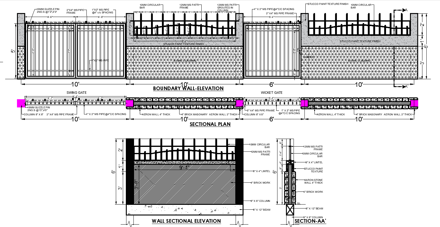 Sectional Elevation Details for Boundary Wall CAD Drawing in DWG File
