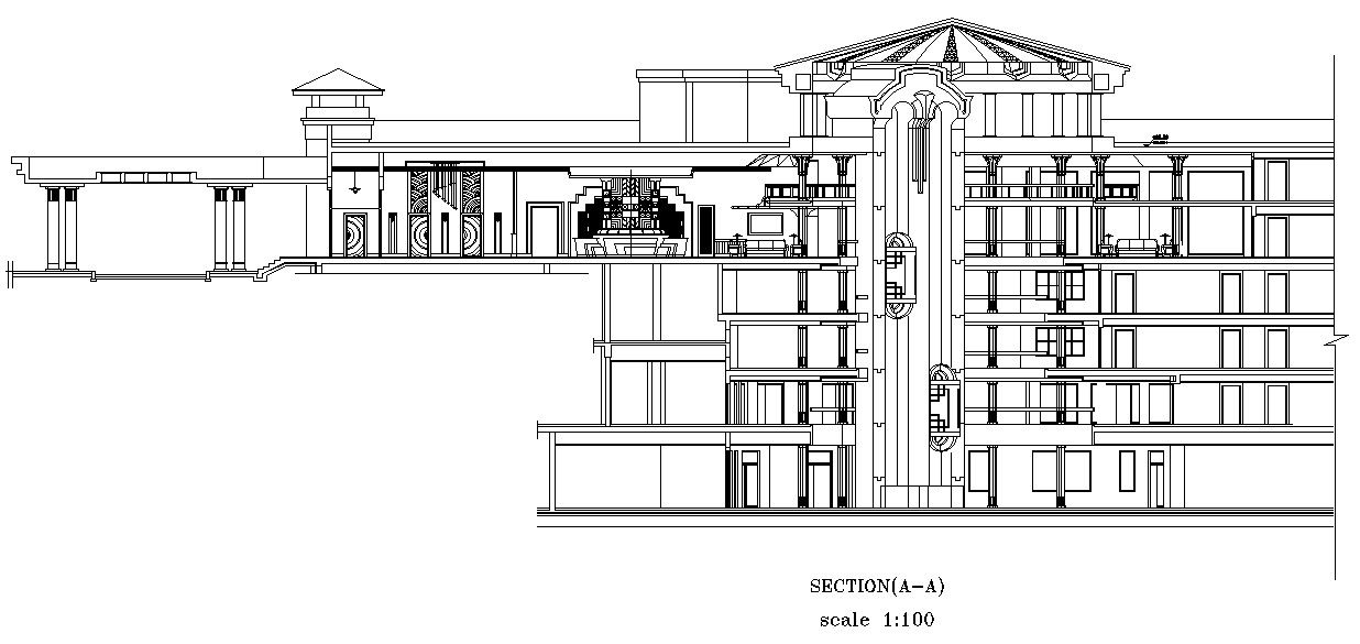Sectional Elevation of hotel in AutoCAD, dwg file.