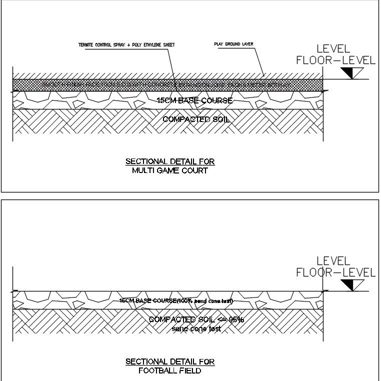 Sectional detail for football field and multigame court design in AutoCAD 2D drawing, CAD file, dwg file