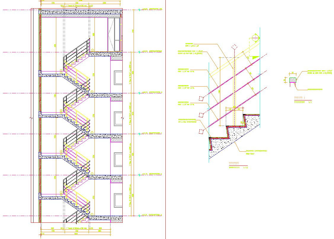Sectional detail of staircase in AutoCAD, dwg file.