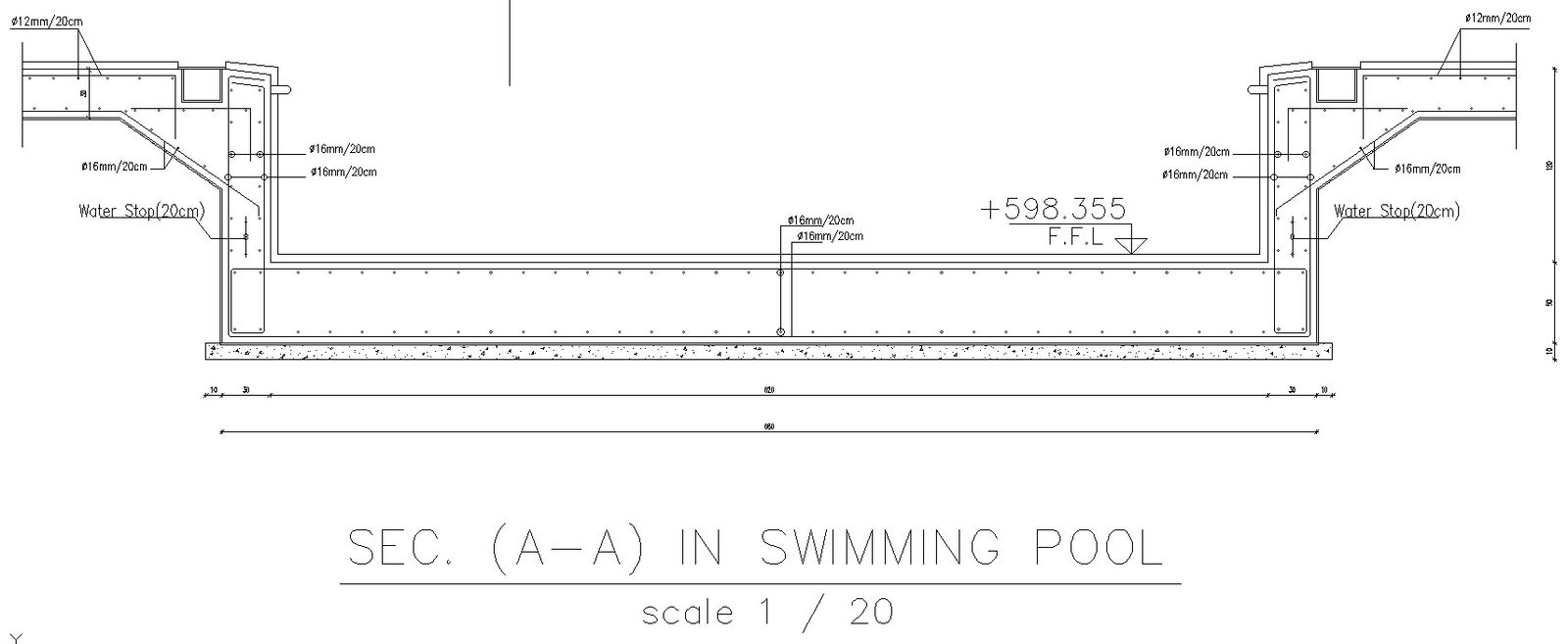 Sectional drawing of swimming pool details in AutoCAD, dwg file.