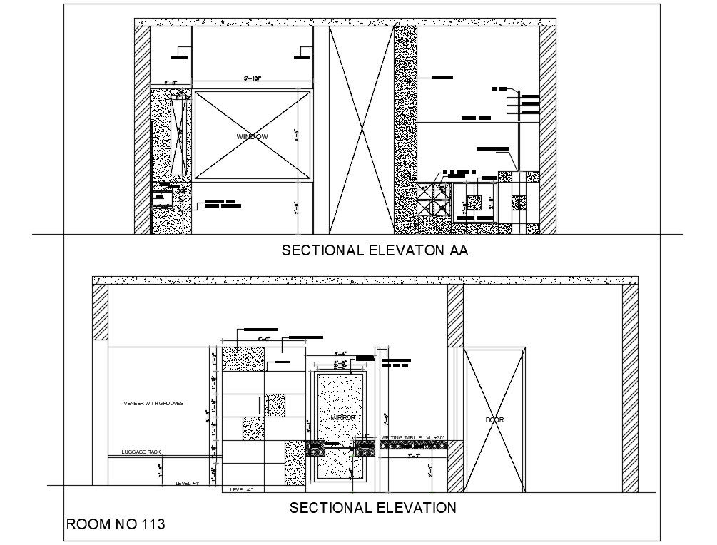 Sectional elevation AA of 40’x15’ hotel room plan front look is given in this Autocad drawing file. Download now.