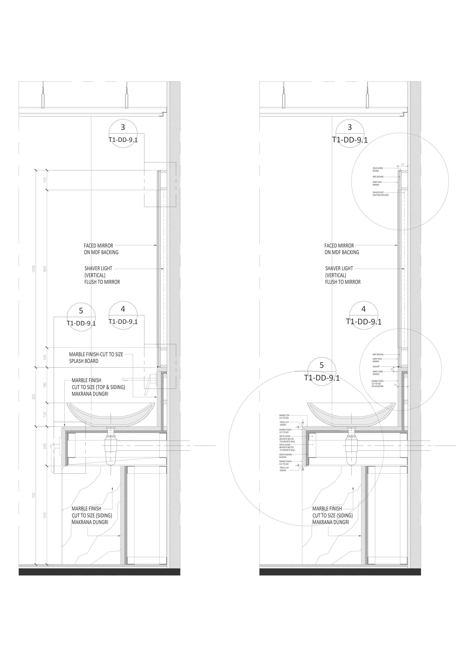 Sectional elevation detail for washbasin installation with all material specification DWG AutoCAD drawing