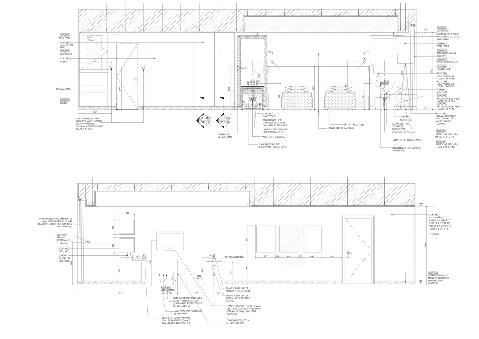 Sectional elevation detail of bedroom and mini bar area in specious bungalow DWG AutoCAD drawing