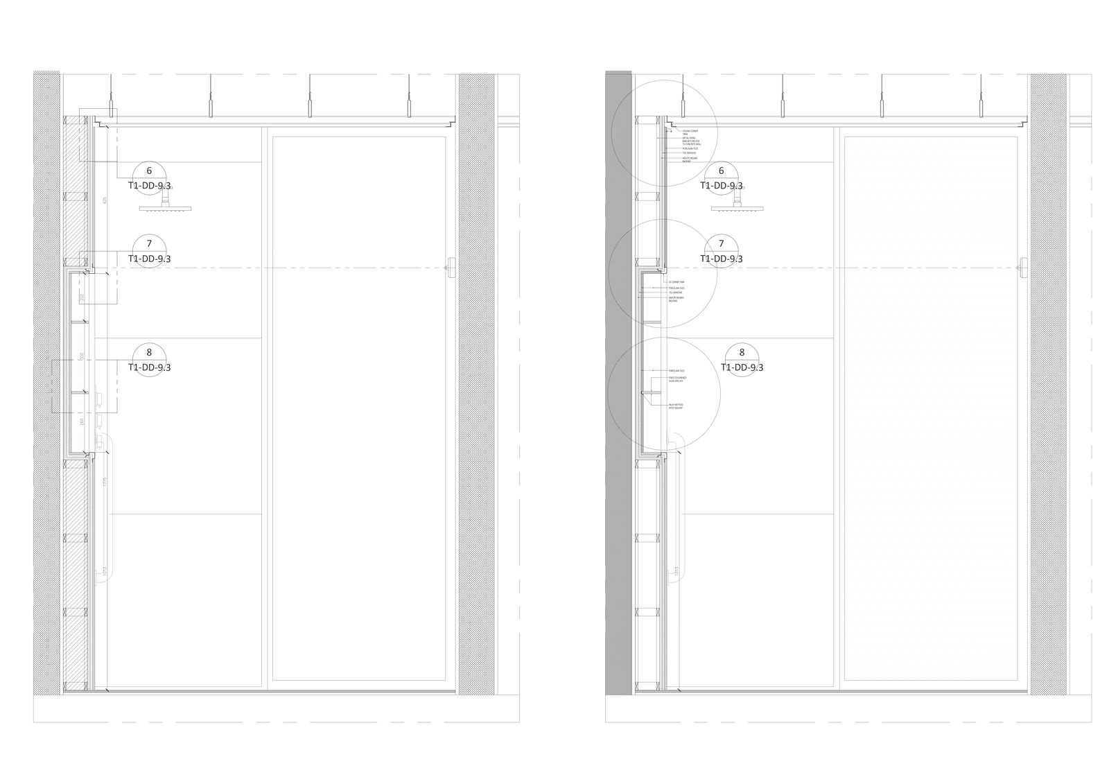 Sectional elevation for shower area with detail of fixed toughened glass installation DWG AutoCAD drawing
