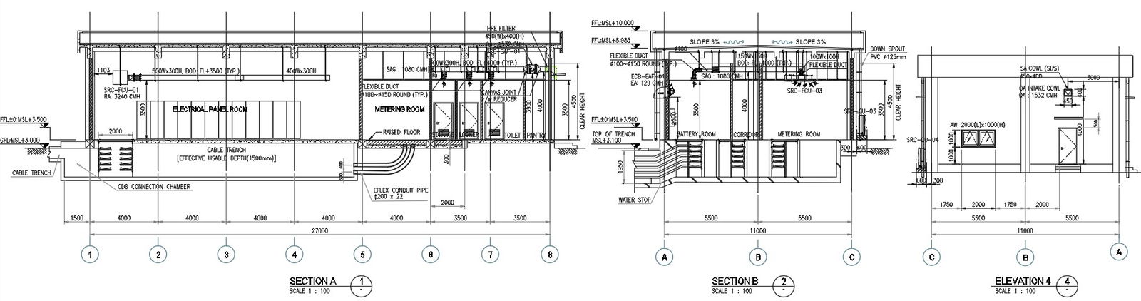 Sectional elevation of HAVC ductwork details in AutoCAD, dwg file.