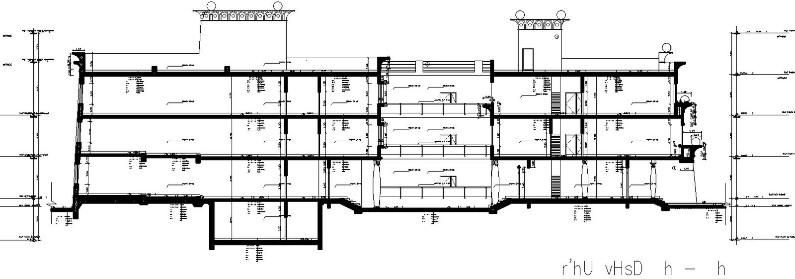 Sectional elevation of a university in AutoCAD drawings.