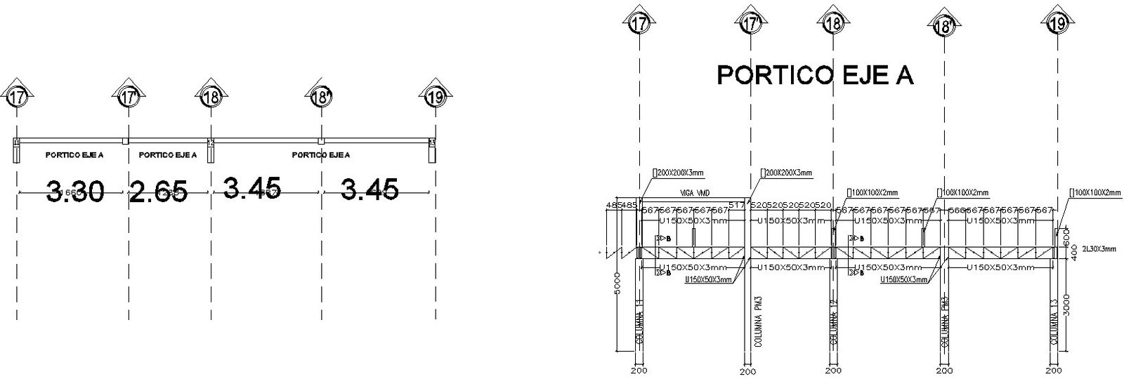 Sectional elevation of metallic structural frame.