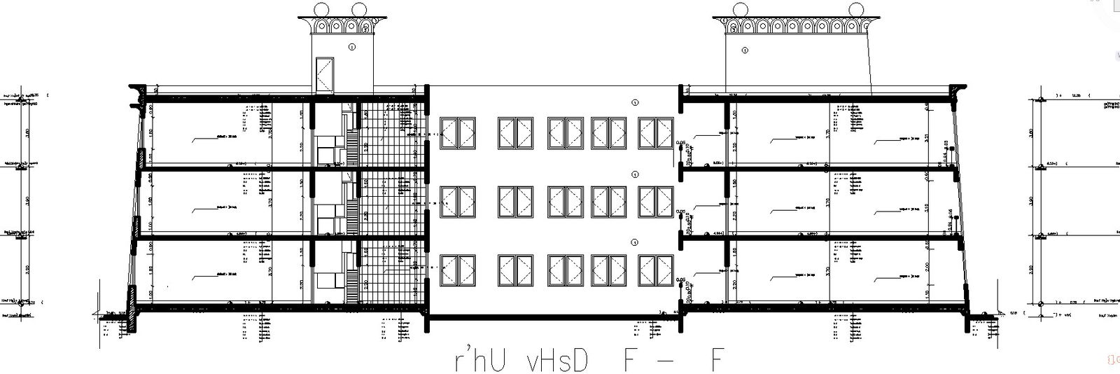 Sectional elevation with detail dimensions of a collage in AutoCAD drawings.