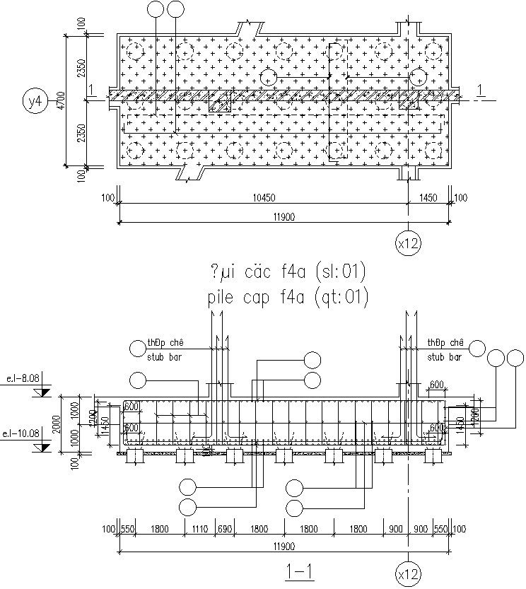 Sectional plan and elevation of Stub column and pile cap.