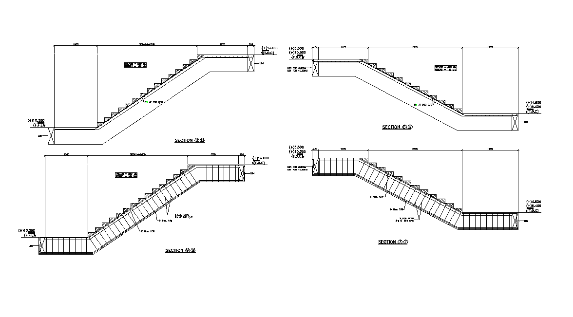 Section and Elevation of staircase. Download AutoCAd DWG file.
