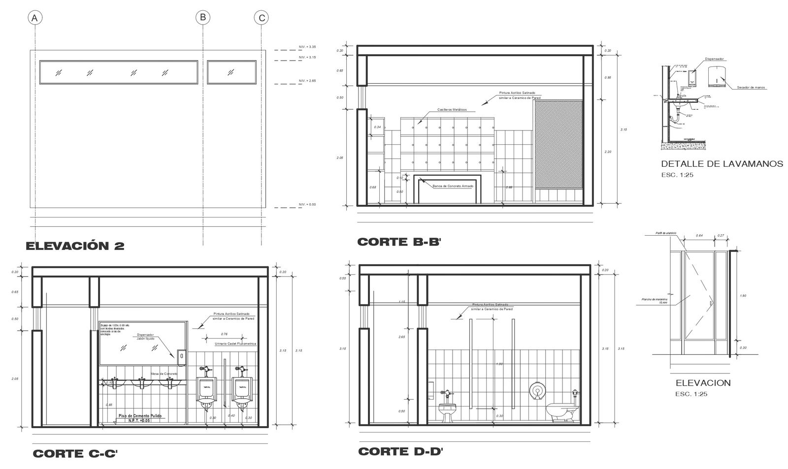 Section and elevation details of washroom with tile detail DWG autoCAD drawing