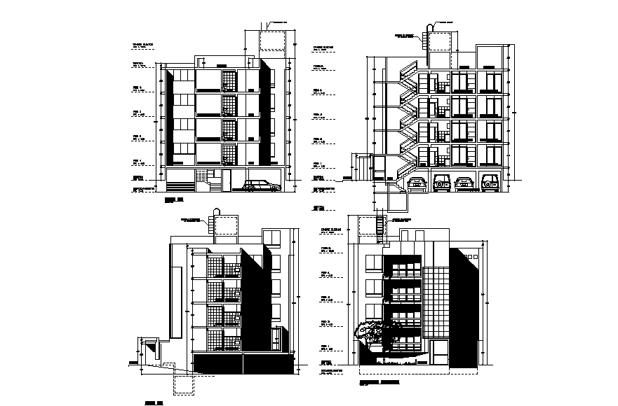 Section and elevation of 13x12m multifamily house plan is available in this Autocad drawing file. Download now.