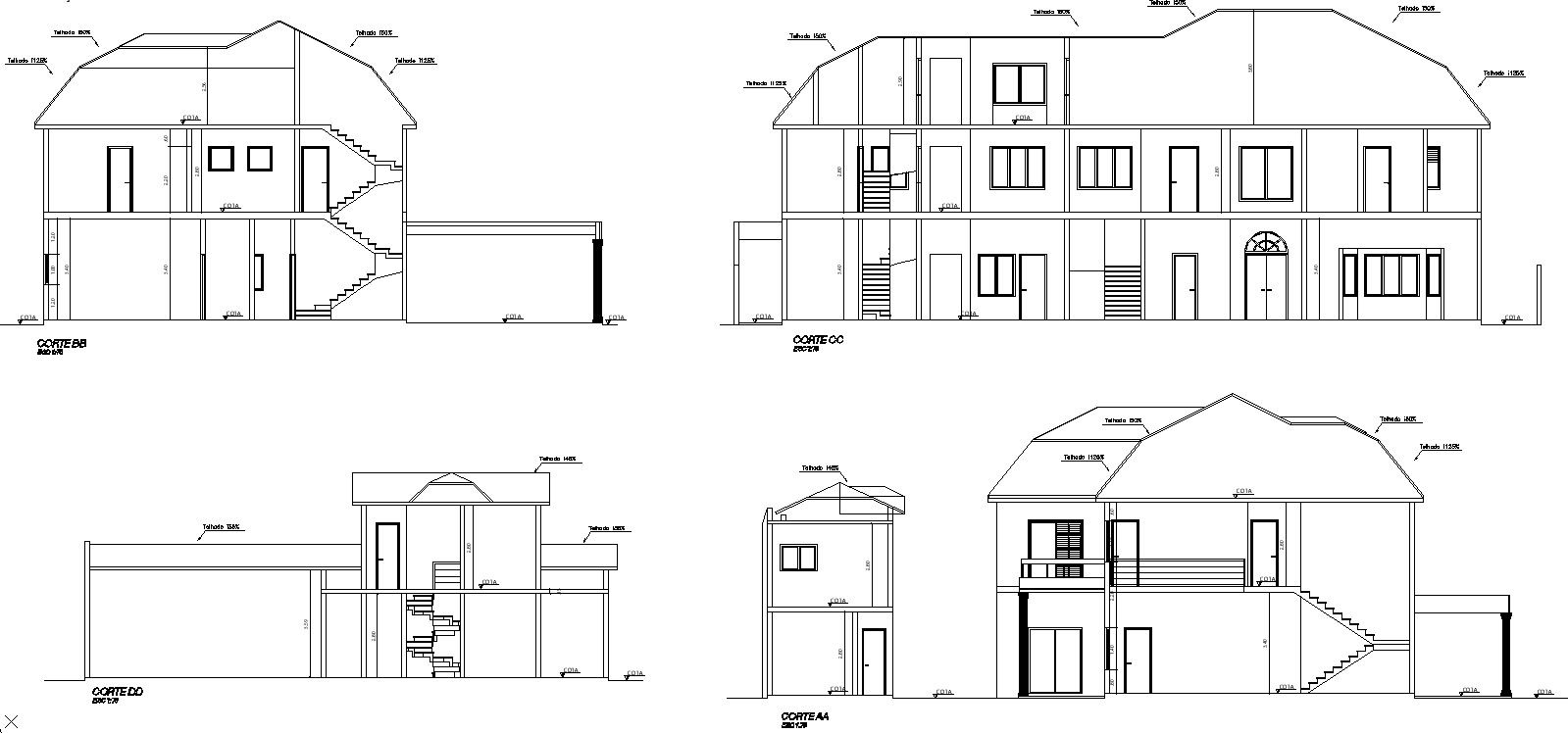 Section and elevation of 2 storey house