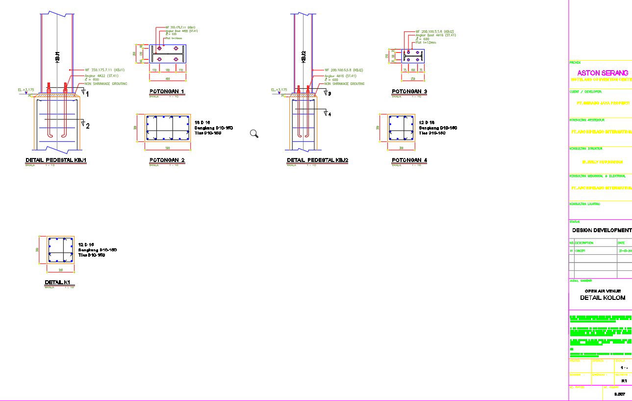 Section and elevation of the column design in AutoCAD 2D drawing, CAD file, dwg file