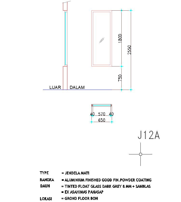 Section and elevation of the window design are given in the AutoCAD drawing, CAD file, dwg file