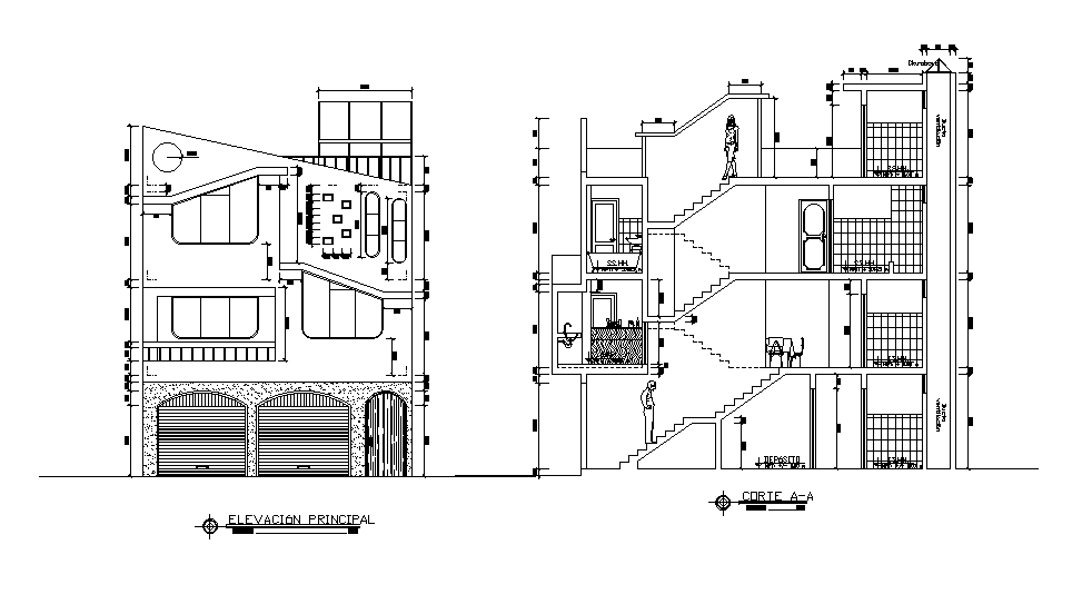 Section and elevation view of 12x8m house building is given is given in the form of 2D Autocad drawing file. Download now.
