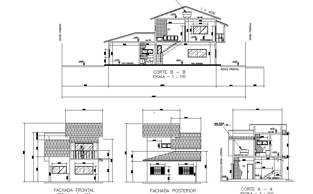 Section and fachada front and posterior are given in this AutoCAD model. Download the 2D Autocad DWG drawing file.