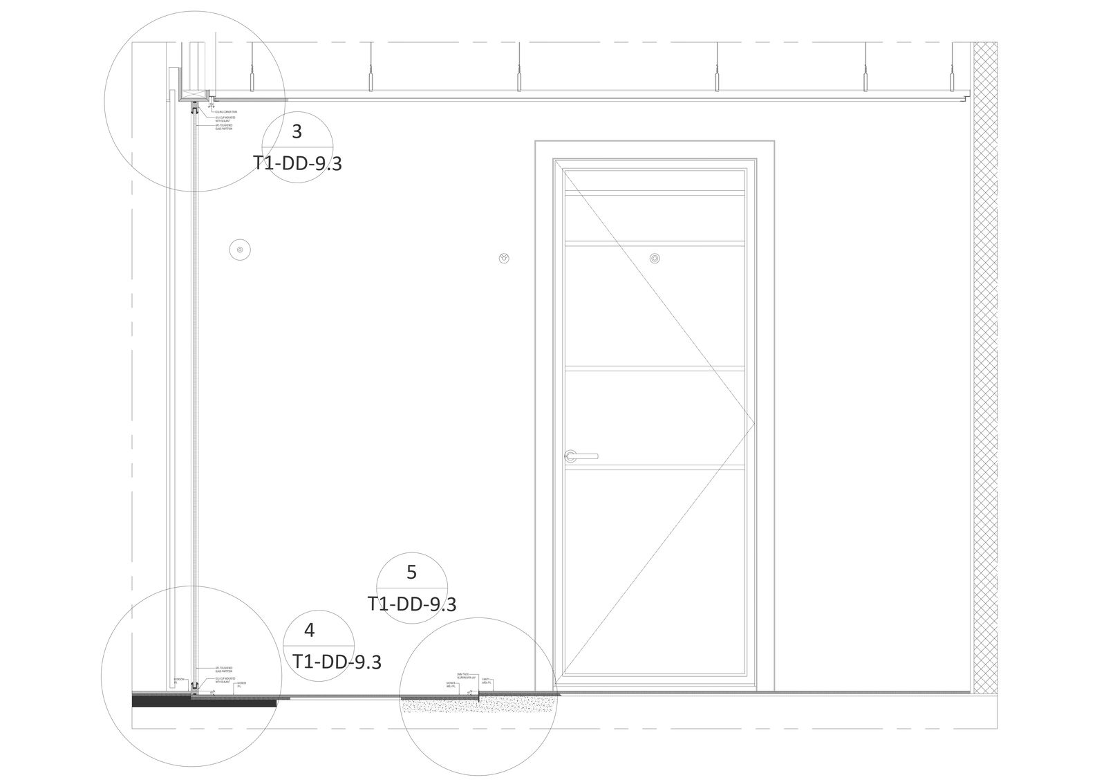 Section detail for fixed toughened glass partition in washroom DWG AutoCAD drawing