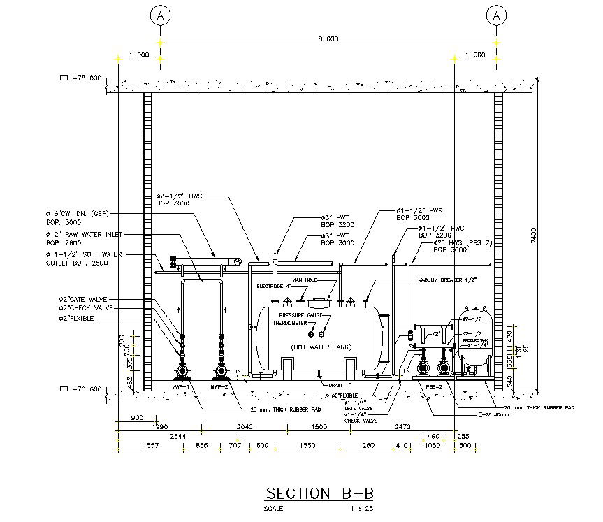 Section detail of machinery for the water tank stated in this AutoCAD drawing file.Download this 2d AutoCAD drawing file.