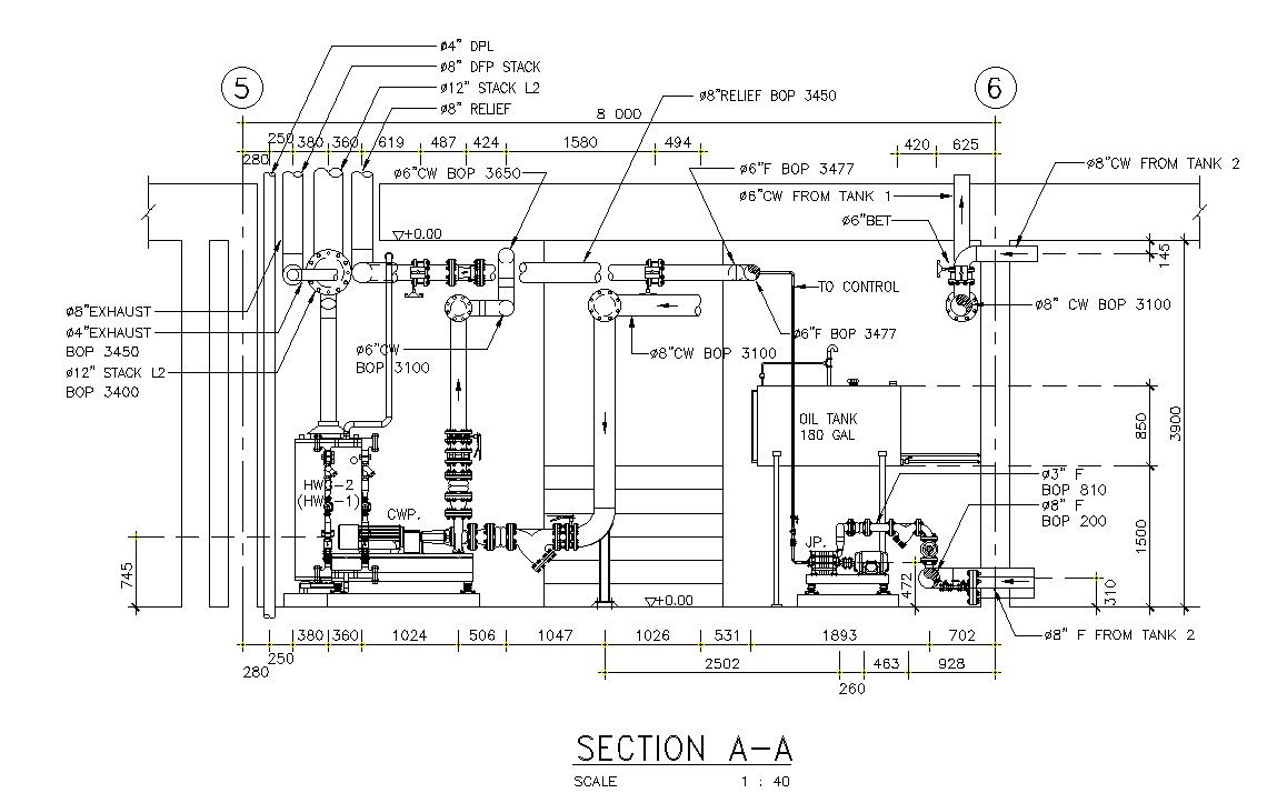 Section detail of the boiler and pump room detail drawing in this file. Download the AutoCAD DWG file.