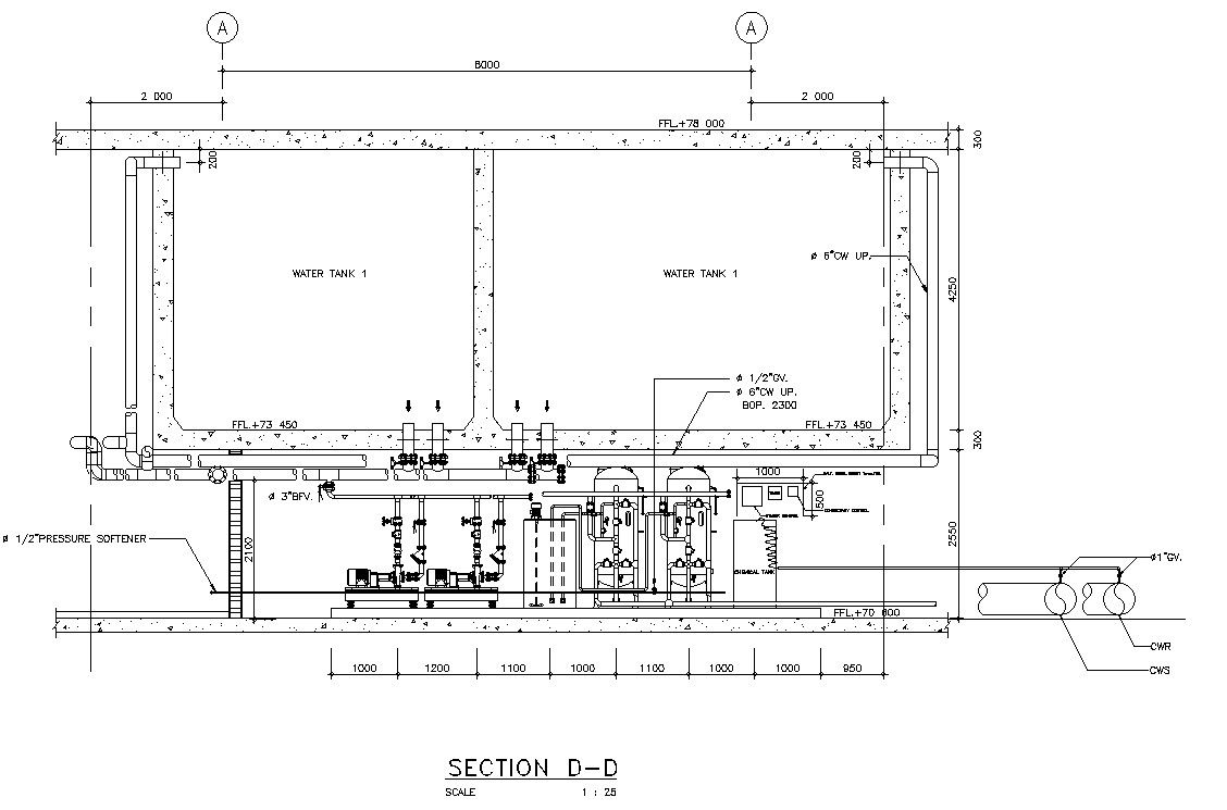 Section detail of the water tank stated in this AutoCAD drawing file. Download this 2d AutoCAD drawing file.
