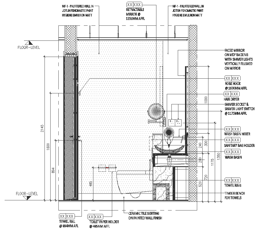 Section detail of toilet with washbasin decorative wall DWG AutoCAD drawing