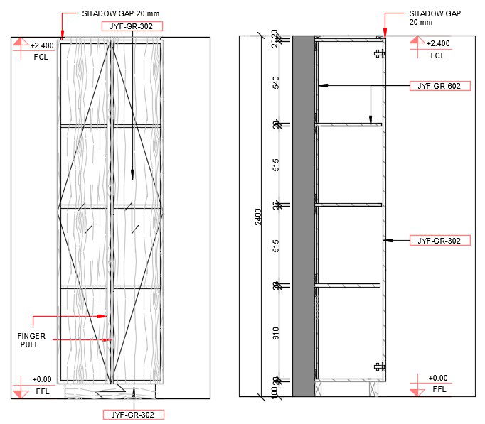 Section detail of wardrobe with front elevation provided in this cad file. Download this 2d AutoCAD drawing file.