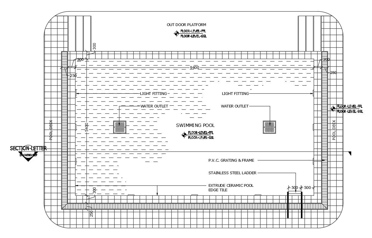 Section detail plan of Swimming pool in AutoCAD, dwg file.