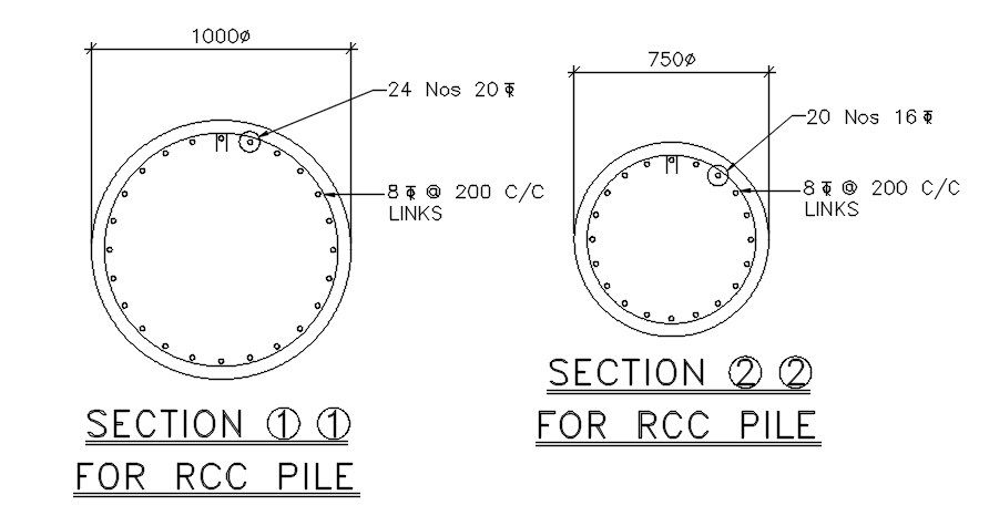 Section details of RCC piles drawing specified in this AutoCAD file. Download this 2d AutoCAD drawing file.
