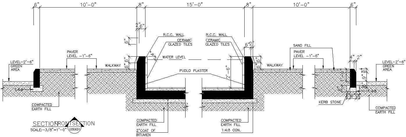 Section details of Swimming pool in AutoCAD, dwg file.