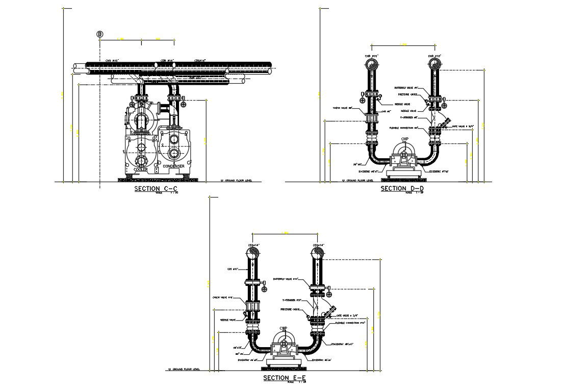 Section details of cooler, condenser and chiller plant are given in the Autocad DWG drawing file. Download the Autocad DWG drawing file.