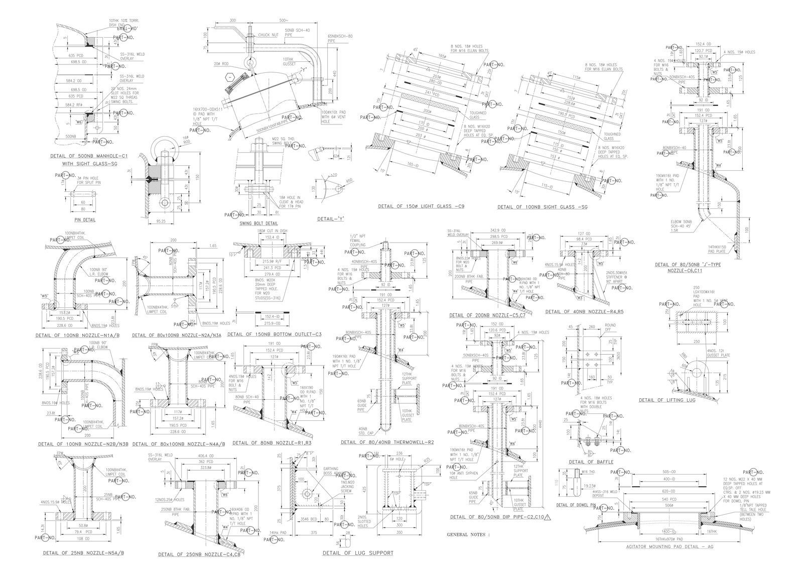Section details of nozzle joints lug support and swing bolt DWG AutoCAD drawing