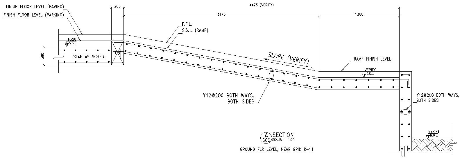 Section drawing of slope in parking area in AutoCAD, dwg file.