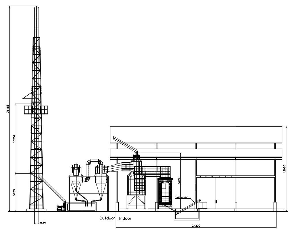 Section layout plan of front view of the industrial plant in AutoCAD 2D drawing, CAD file, dwg file