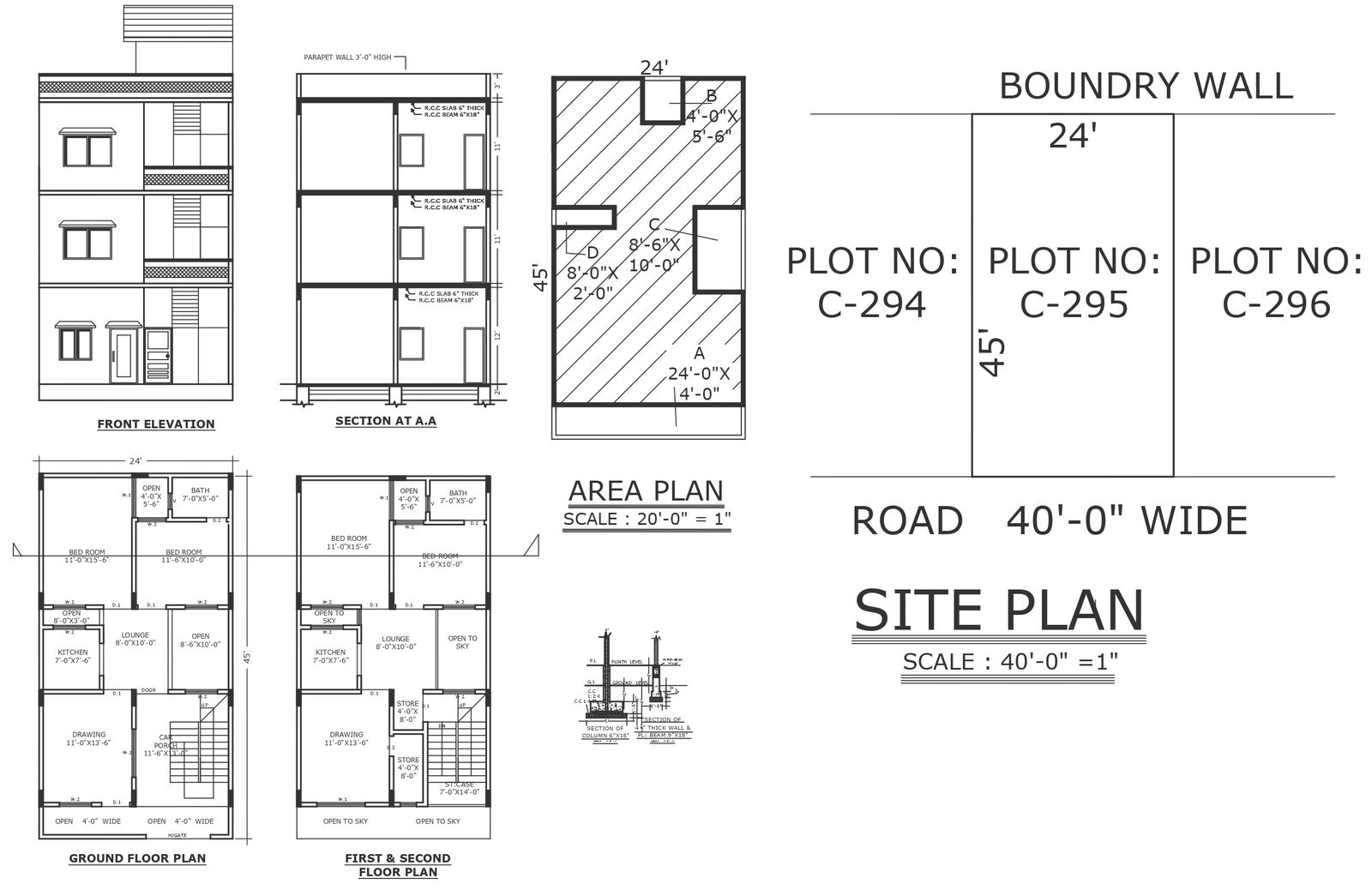 Section of 4.5 inch thick wall and column with elevation of house details dwg autocad drawing .