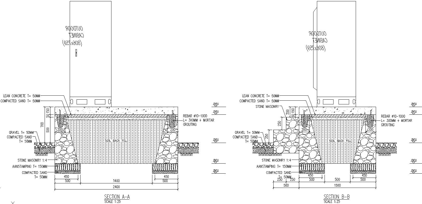 Section of Footing details in stone masonry in AutoCAD, dwg files.