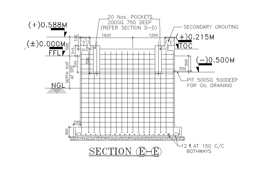 Section of Foundation reinforcement details of the boiler feed pump is given in this form of 2D Autocad DWG drawing file. Download the 2D Autocad DWG drawing file.