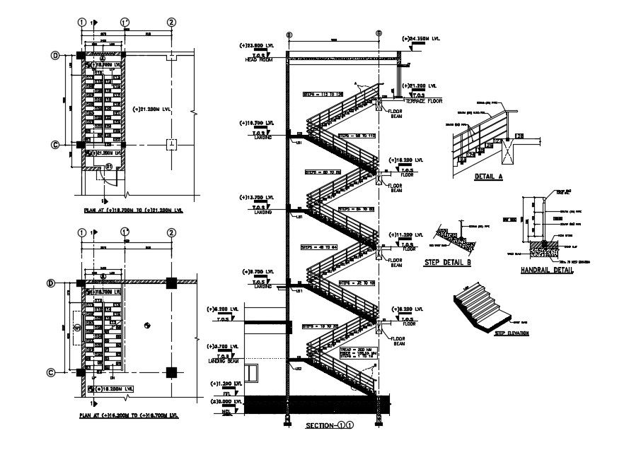 Section of Staircase detail. Download autocad drawing file | CADBULL