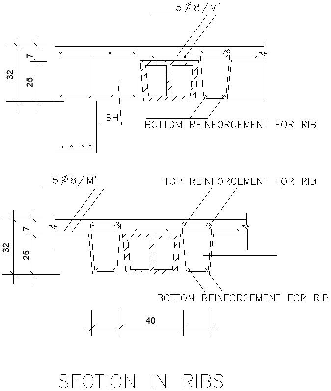 Section of Top and bottom reinforcement of RIBS