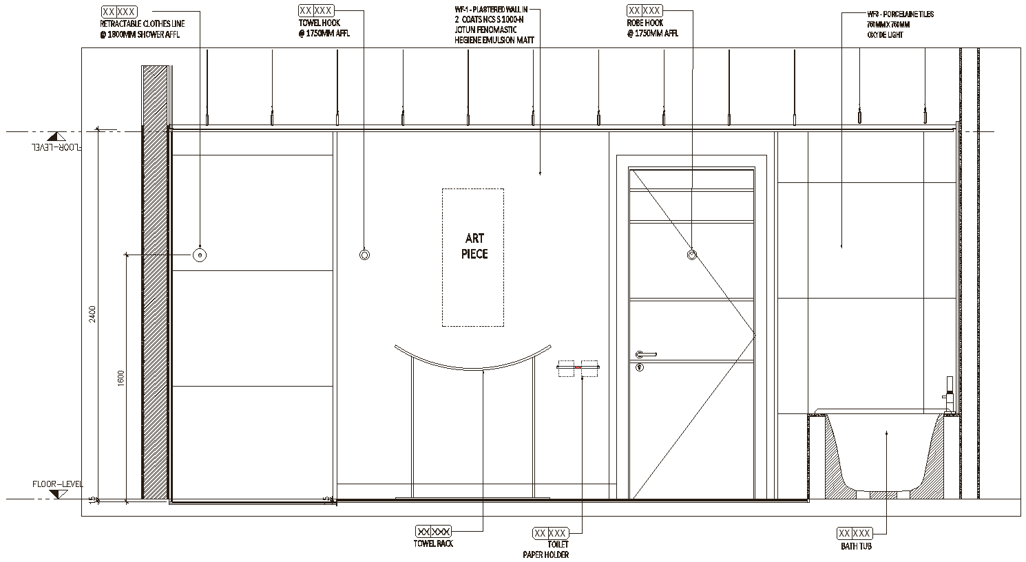 Section of bathroom with tile detailing DWG AutoCAD drawing
